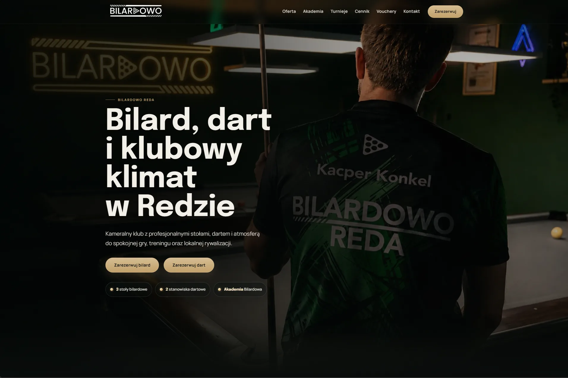 Strona Bilardowo Reda z rezerwacjami, turniejami i voucherami