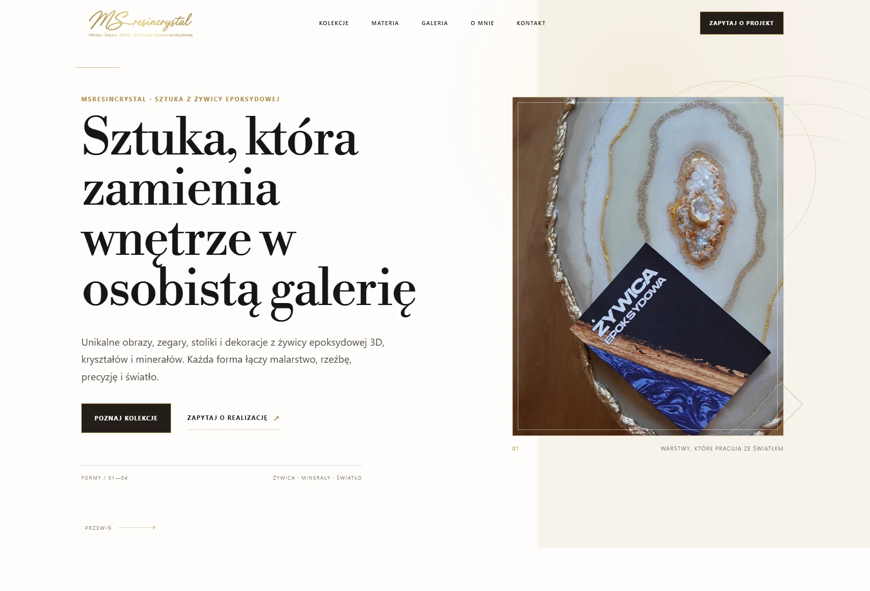 Strona MS Resin Crystal prezentująca sztukę i dekoracje z żywicy epoksydowej