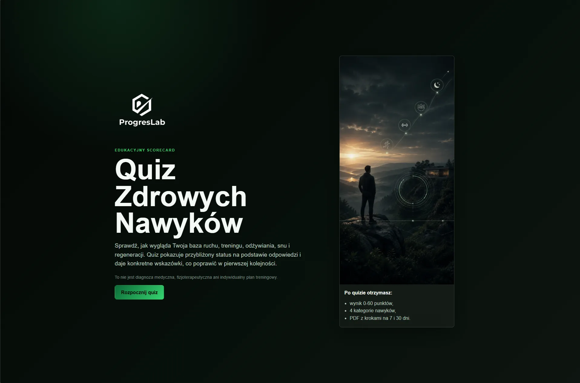 Quiz Aktywności ProgresLab z wynikiem i raportem PDF
