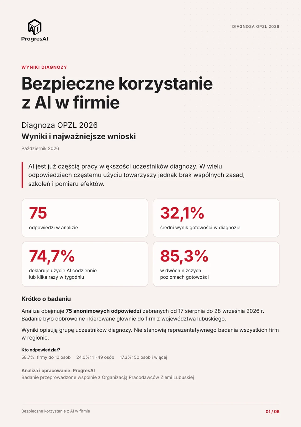 Okładka raportu „Bezpieczne korzystanie z AI w firmie” — Diagnoza OPZL 2026