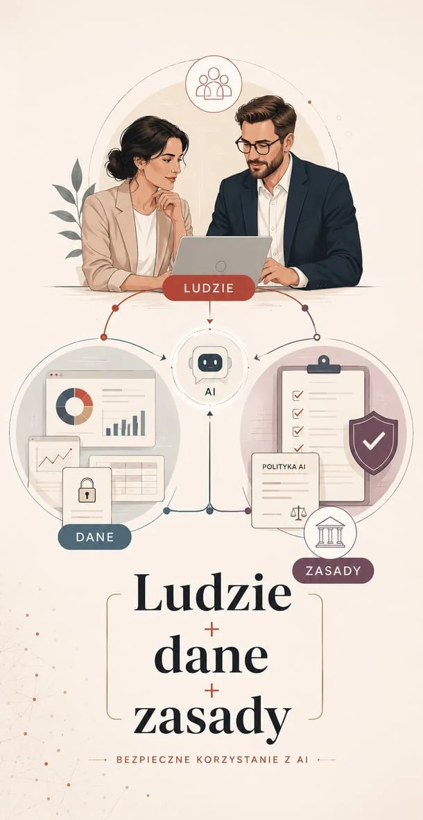 Ludzie, dane i zasady - ilustracja z poradnika bezpieczeństwa AI